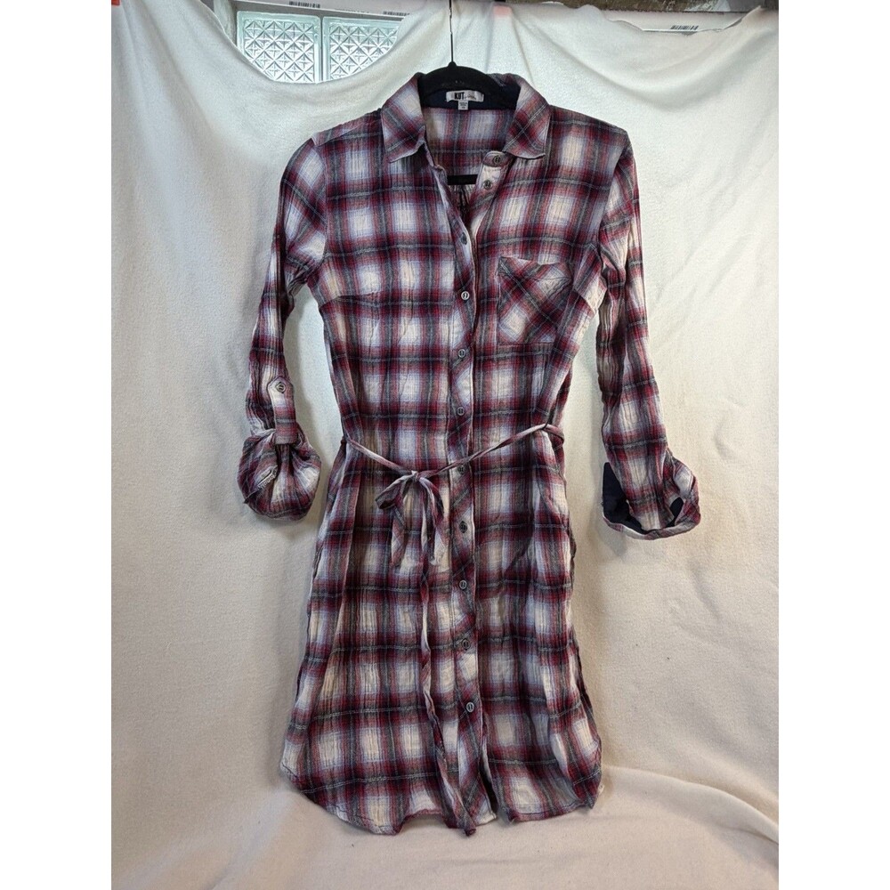 Kut from the Kloth Flannel Shirt Dress XS Red Navy Plaid Belted Roll Tab Sleeve